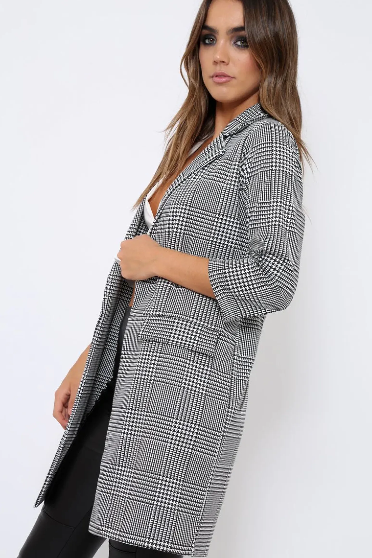 Rebellious Fashion Hounds-tooth Tartan Long Blazer - Kerrie