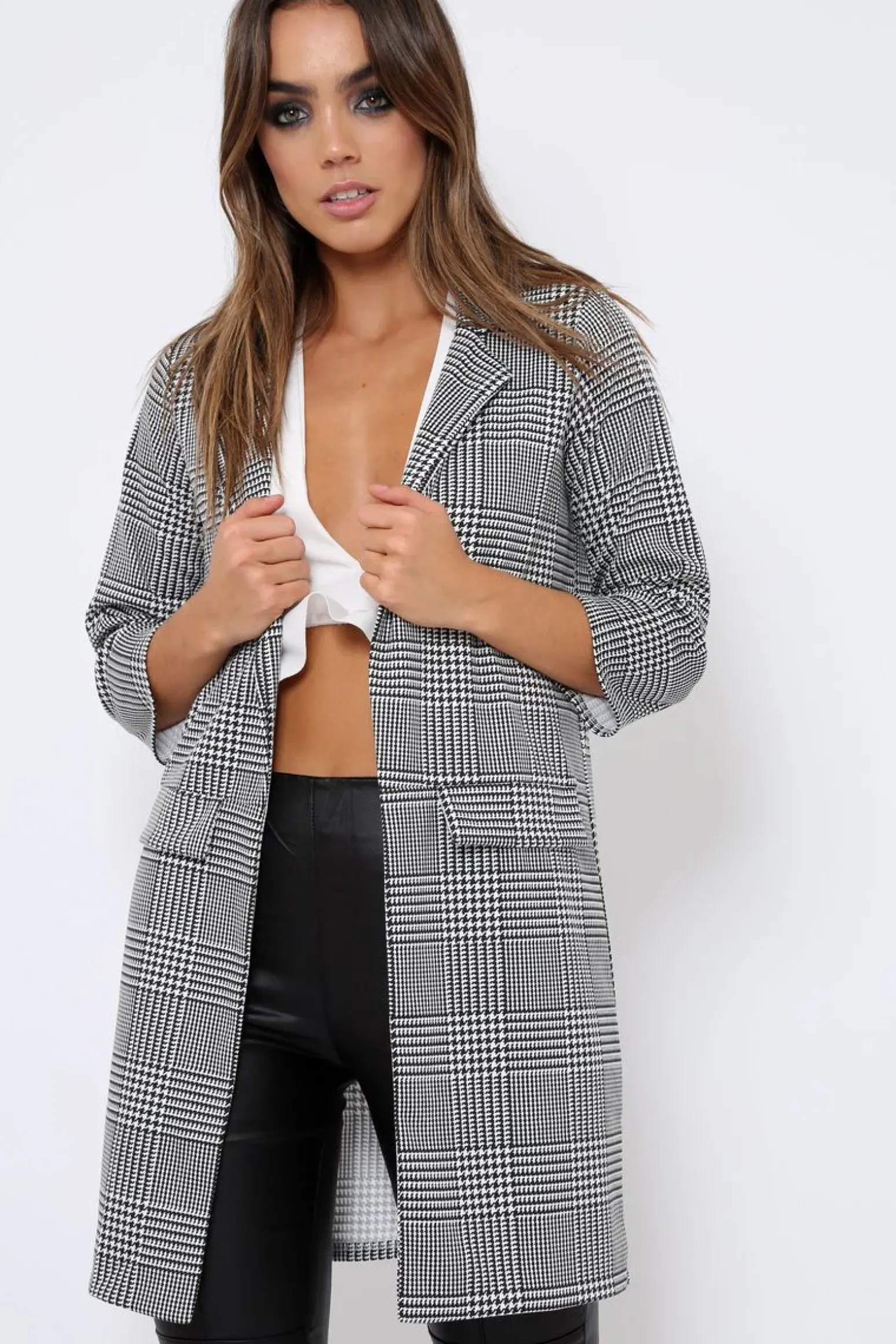 Rebellious Fashion Hounds-tooth Tartan Long Blazer - Kerrie