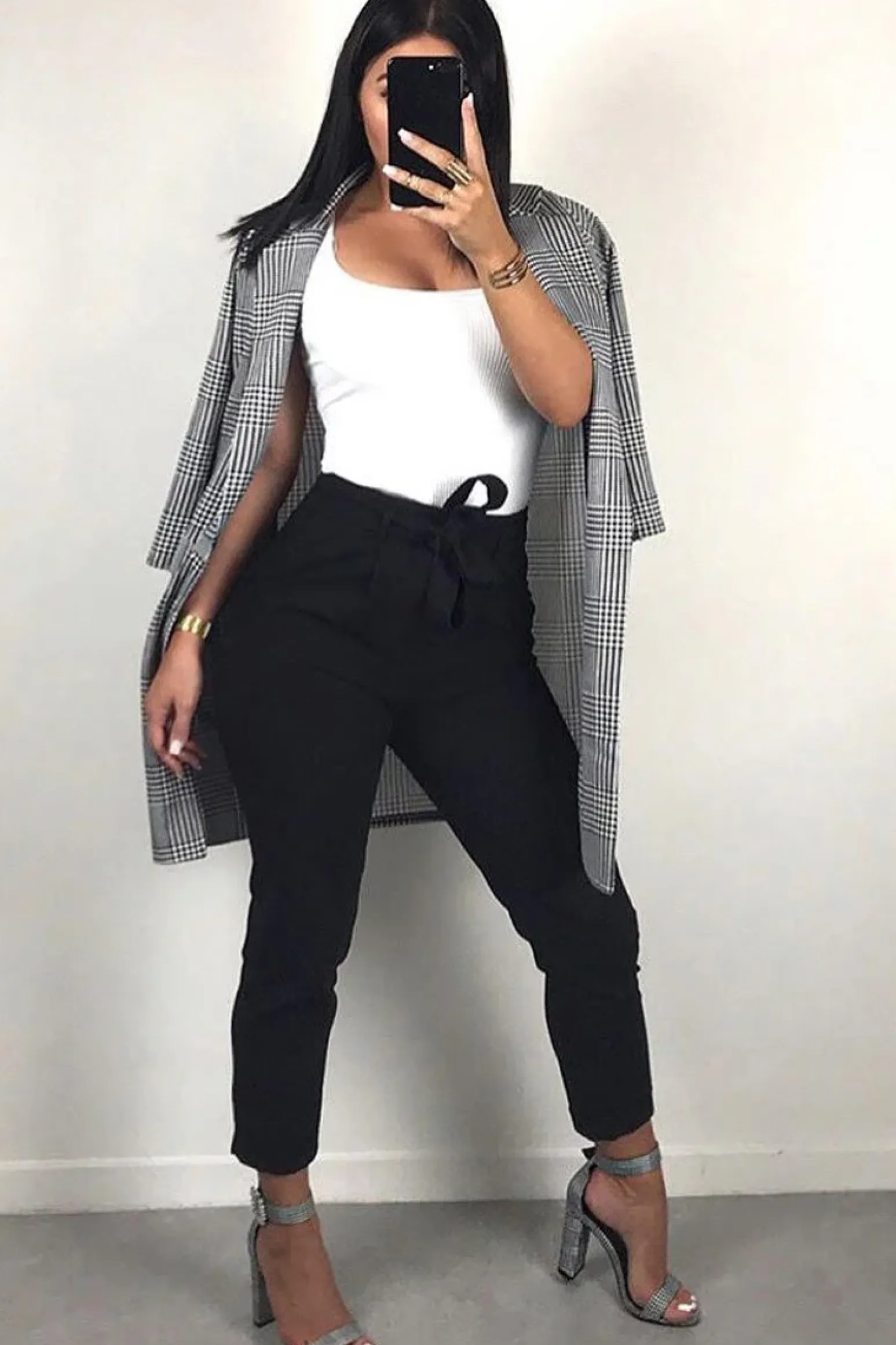 Rebellious Fashion Hounds-tooth Tartan Long Blazer - Kerrie