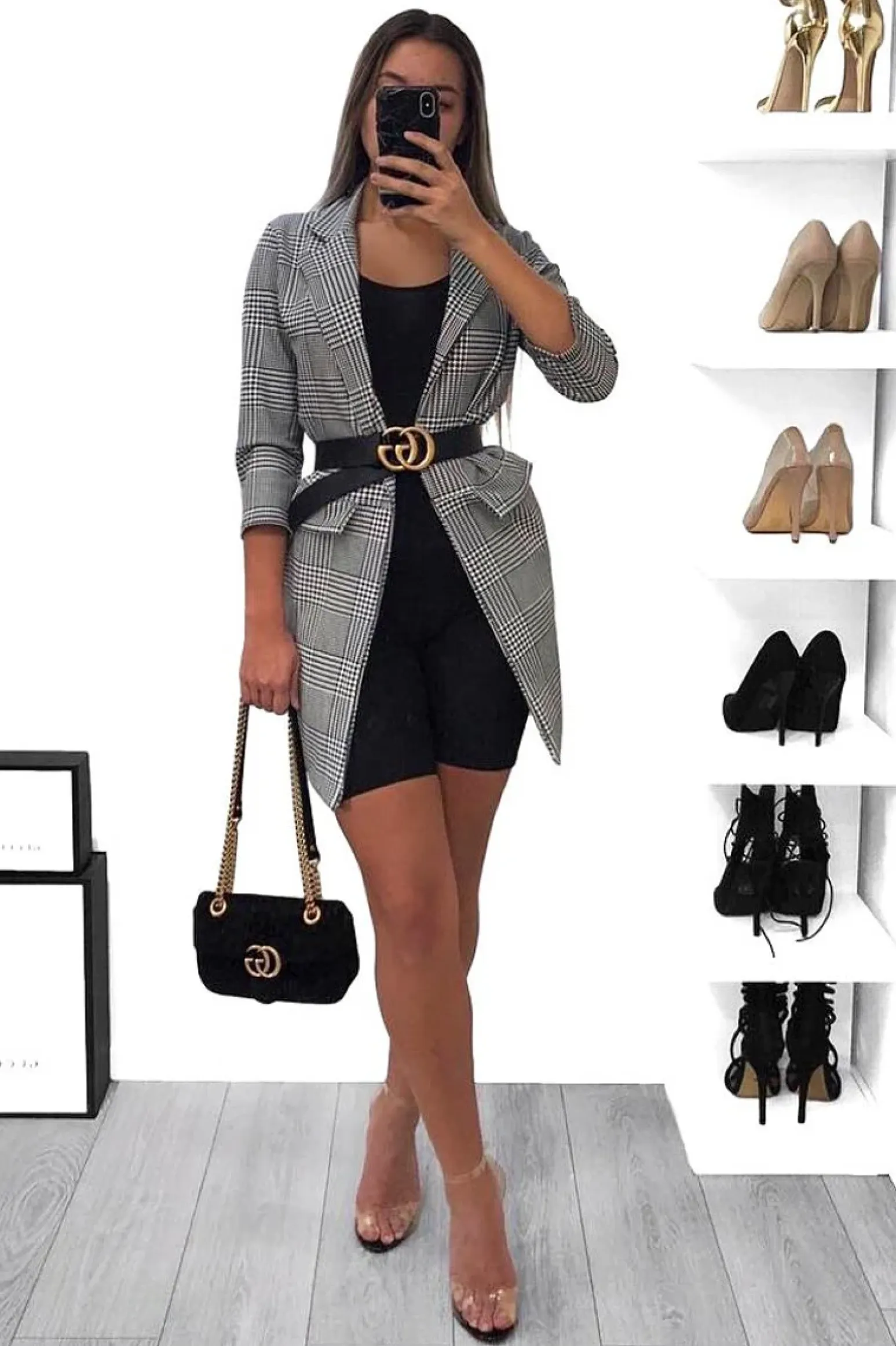 Rebellious Fashion Hounds-tooth Tartan Long Blazer - Kerrie