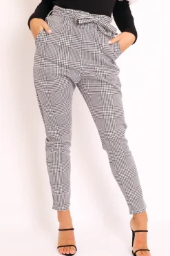 Rebellious Fashion Hound-Tooth Paper Bag Tie Waist Cigarette Trousers - Karmen