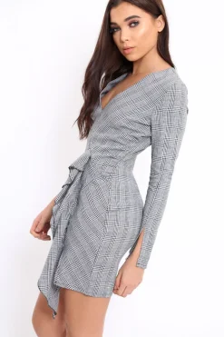 Rebellious Fashion Hound-Tooth V Plunge Ruffle Hem Mini Dress - Zahra