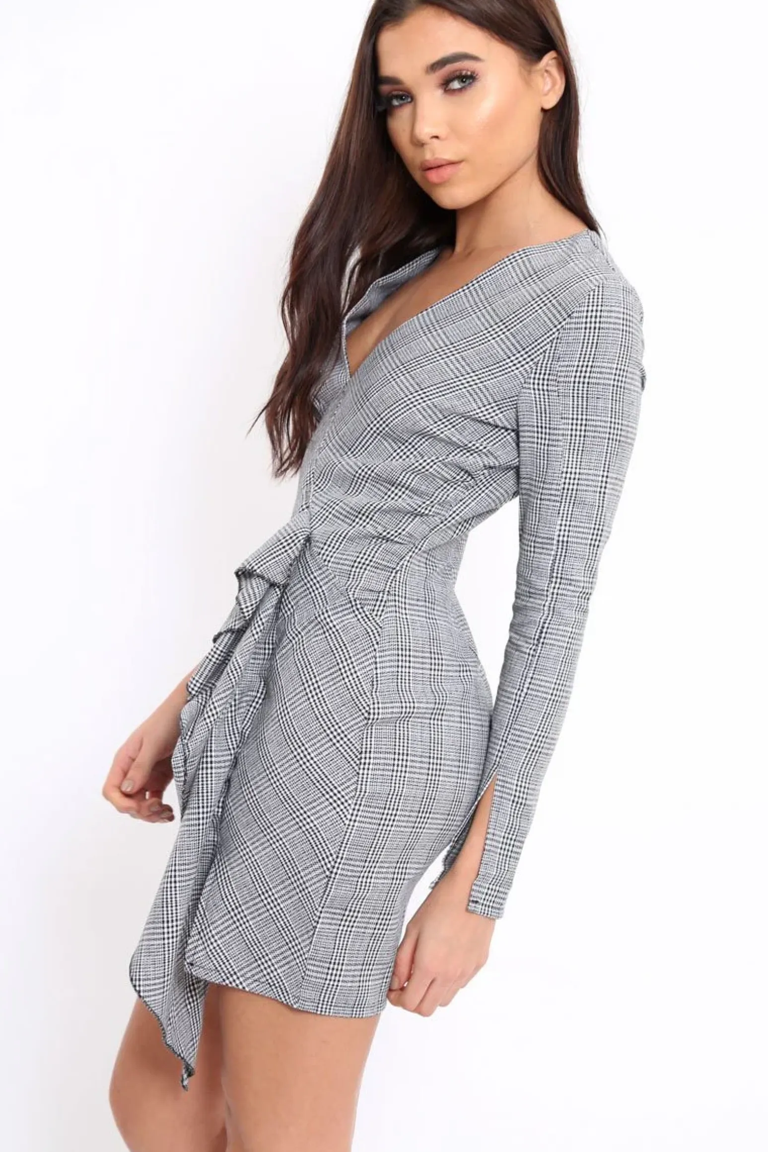 Rebellious Fashion Hound-Tooth V Plunge Ruffle Hem Mini Dress - Zahra