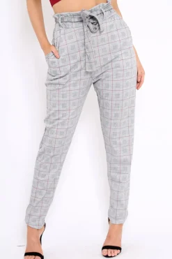 Rebellious Fashion Hound-Tooth With Tartan Paper Bag Tie Waist Cigarette Trousers - Karmen