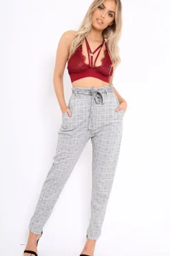 Rebellious Fashion Hound-Tooth With Tartan Paper Bag Tie Waist Cigarette Trousers - Karmen