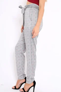 Rebellious Fashion Hound-Tooth With Tartan Paper Bag Tie Waist Cigarette Trousers - Karmen