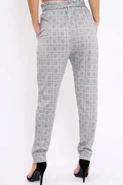 Rebellious Fashion Hound-Tooth With Tartan Paper Bag Tie Waist Cigarette Trousers - Karmen
