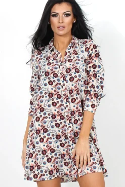 Rebellious Fashion Husi Cream Floral Print Shirt Dress