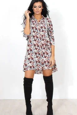 Rebellious Fashion Husi Cream Floral Print Shirt Dress