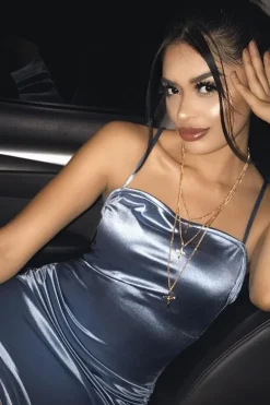 Rebellious Fashion Ice Blue Satin Ruched Bodycon Dress - Aara