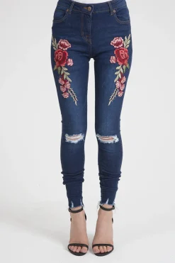 Rebellious Fashion Indigo Embroidered Distressed Raw Hem Skinny Jeans - Dolly