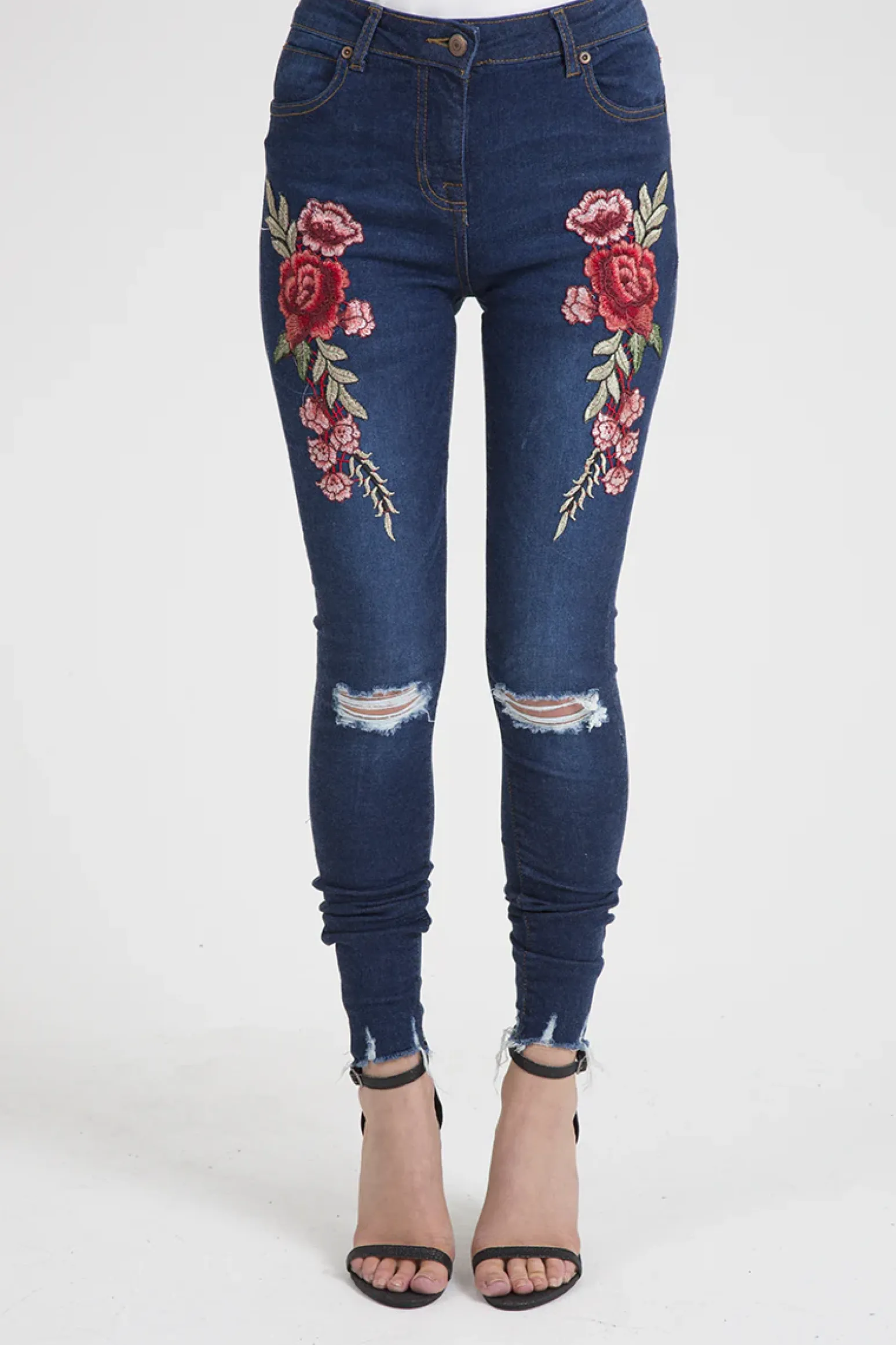 Rebellious Fashion Indigo Embroidered Distressed Raw Hem Skinny Jeans - Dolly