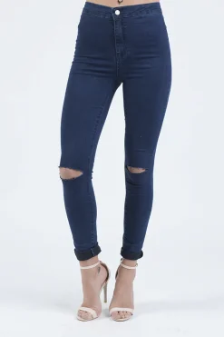 Rebellious Fashion Indigo High Waisted Ripped Knee Skinny Jeans - Amara