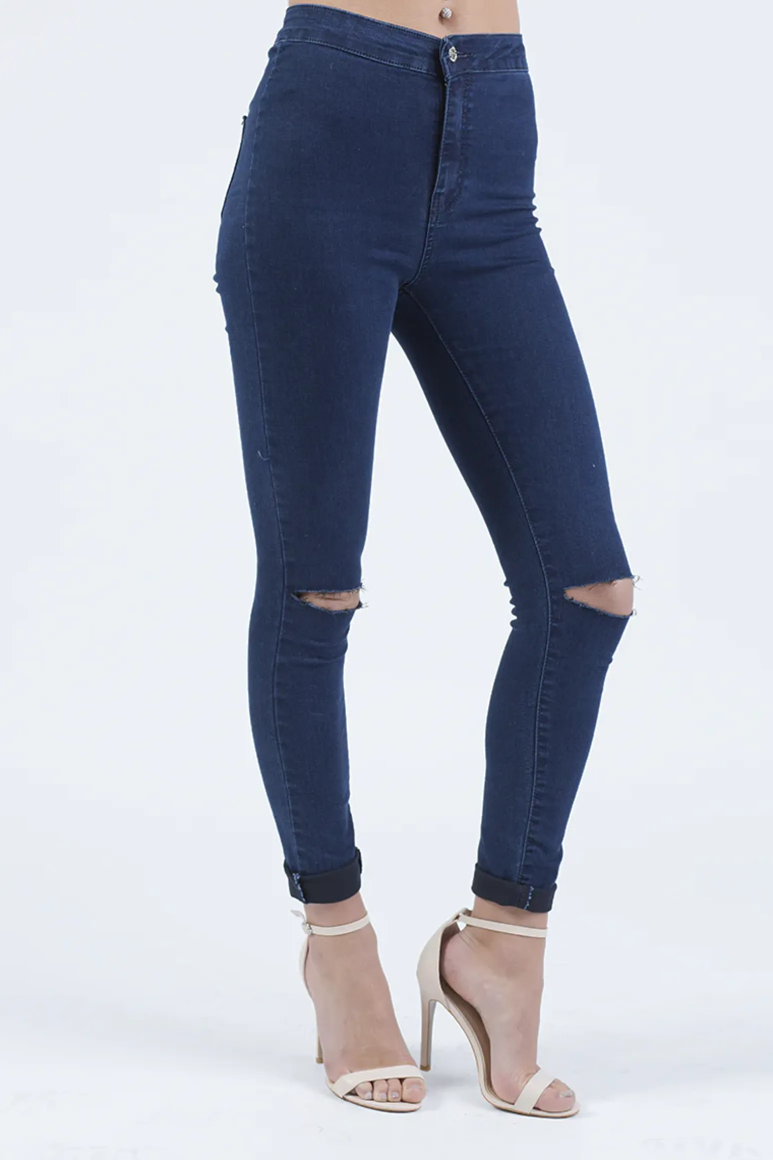 Rebellious Fashion Indigo High Waisted Ripped Knee Skinny Jeans - Amara
