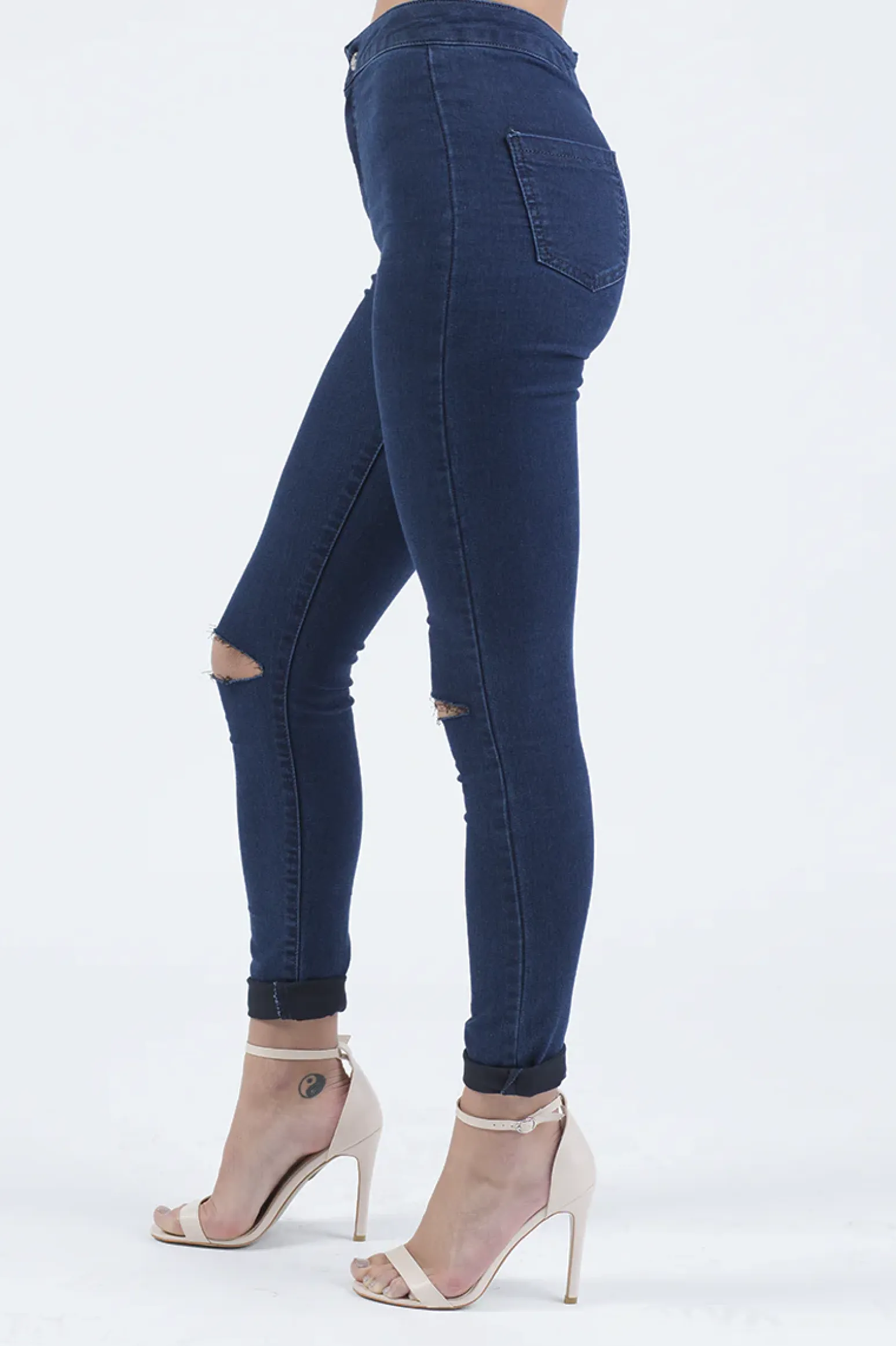 Rebellious Fashion Indigo High Waisted Ripped Knee Skinny Jeans - Amara