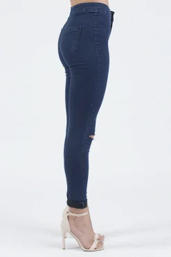 Rebellious Fashion Indigo High Waisted Ripped Knee Skinny Jeans - Amara
