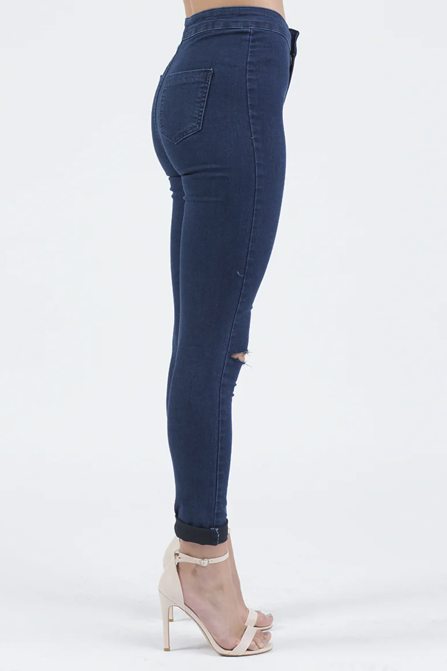 Rebellious Fashion Indigo High Waisted Ripped Knee Skinny Jeans - Amara