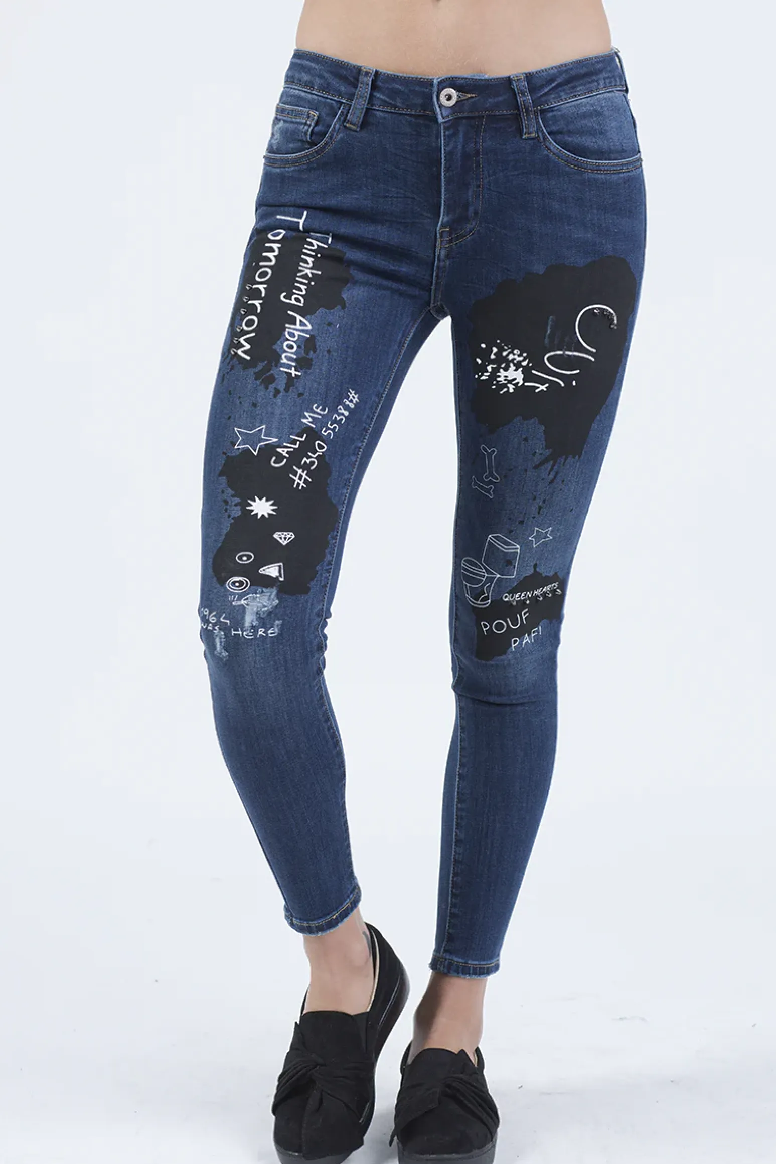 Rebellious Fashion Indigo Mid Rise Slogan Studded Jeans - Kayleigh