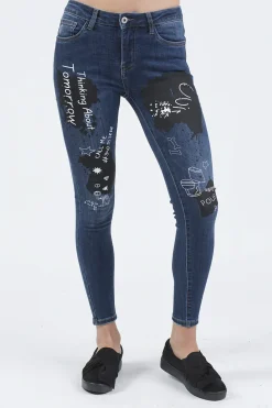 Rebellious Fashion Indigo Mid Rise Slogan Studded Jeans - Kayleigh