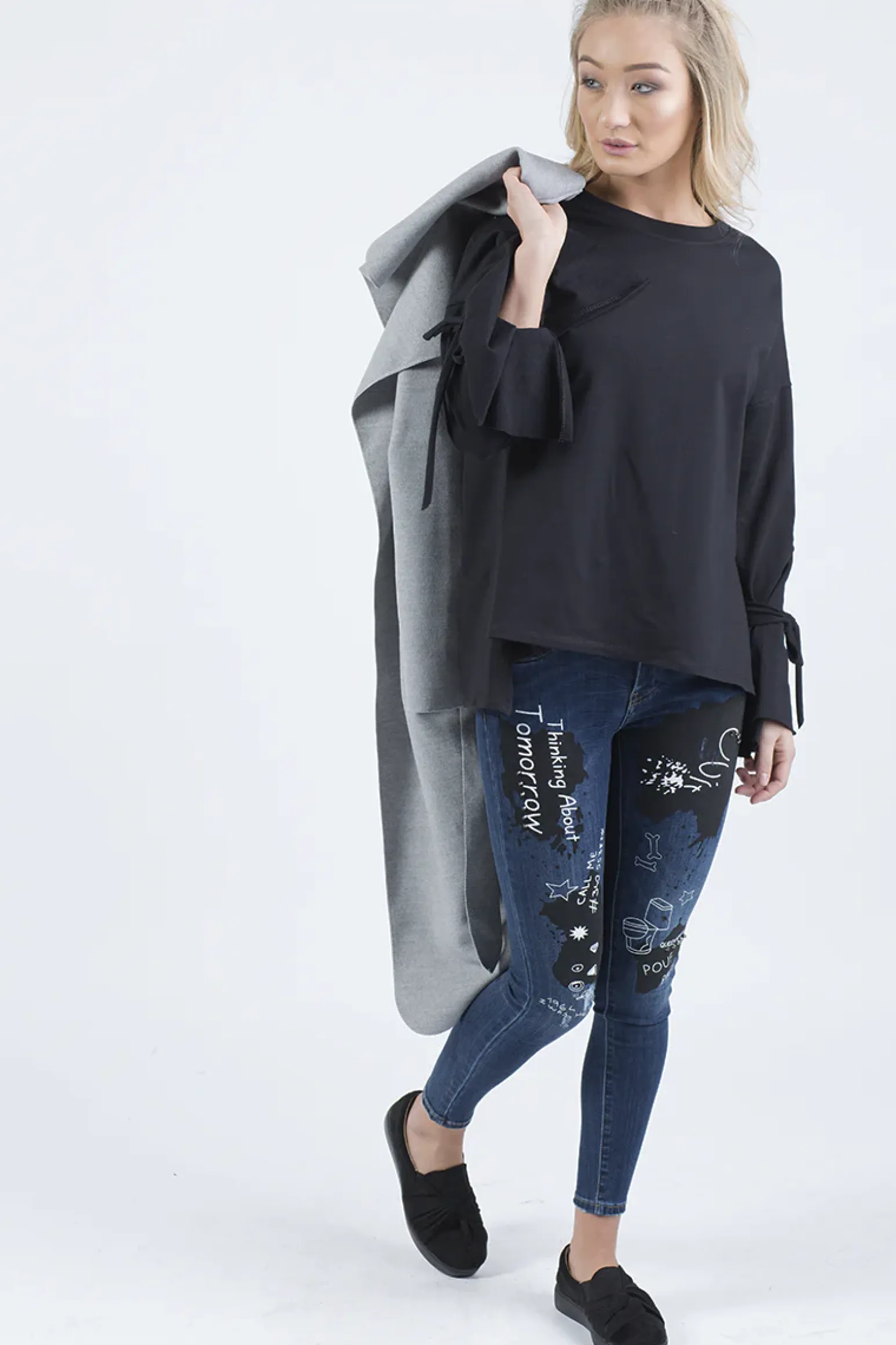 Rebellious Fashion Indigo Mid Rise Slogan Studded Jeans - Kayleigh