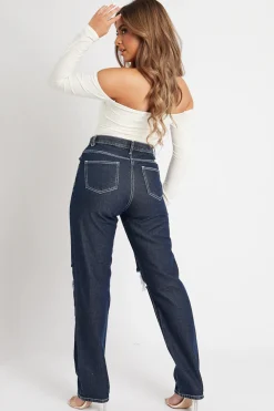 Rebellious Fashion Indigo Mid Wash Denim Distressed Knee Extra Long Jeans - Ivelisse