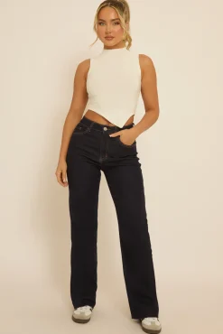 Rebellious Fashion Indigo Stretch Straight Leg Frayed Hem Jeans - Scarlett