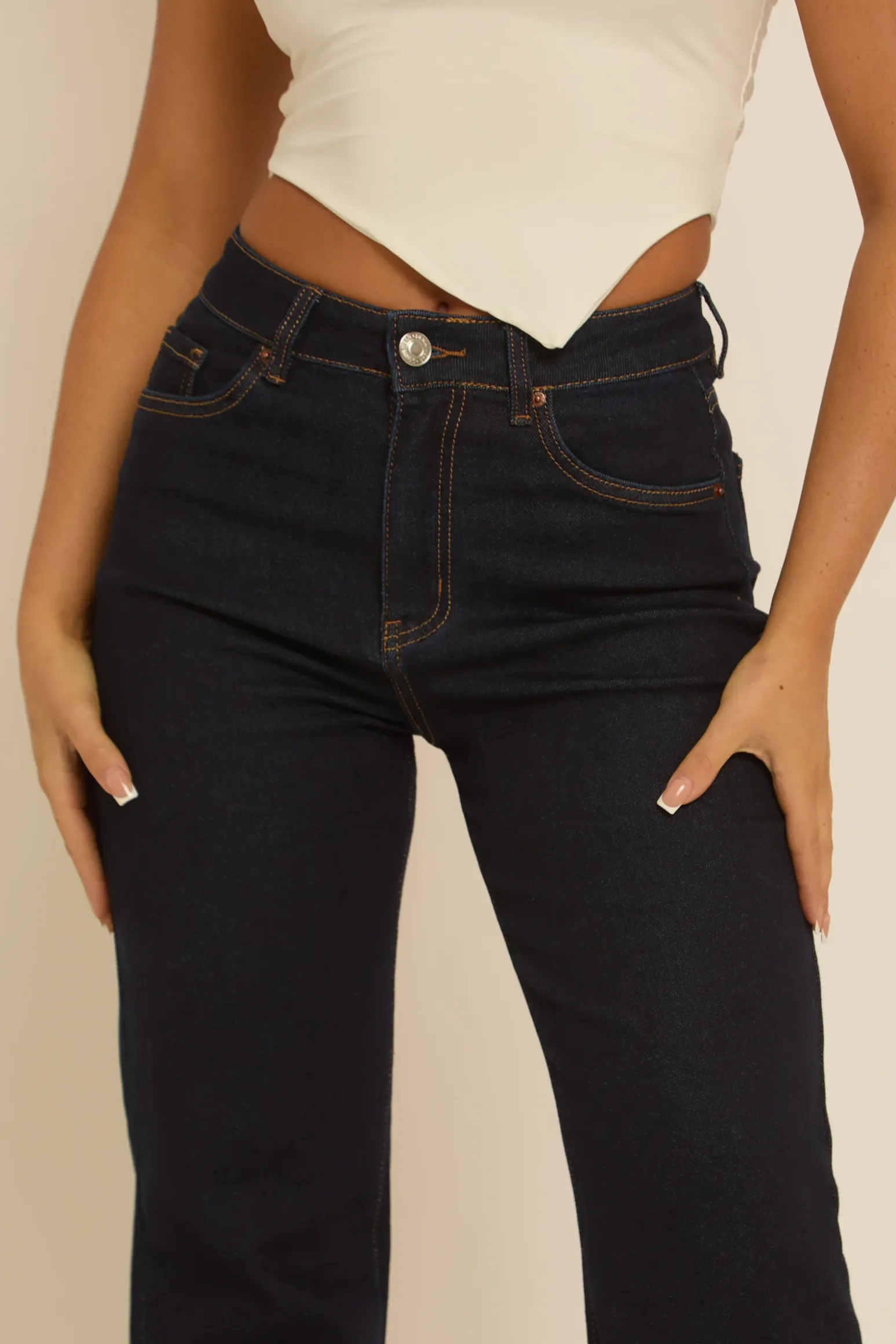 Rebellious Fashion Indigo Stretch Straight Leg Frayed Hem Jeans - Scarlett