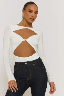 Rebellious Fashion Ivory Cut Out Twist Front Bodysuit - Raisa