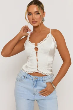 Rebellious Fashion Ivory Satin Lace Trim Button Down Cami - Sanya