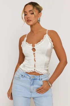 Rebellious Fashion Ivory Satin Lace Trim Button Down Cami - Sanya
