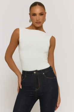 Rebellious Fashion Ivory Slash Neck Open Back Bodysuit - Aliona