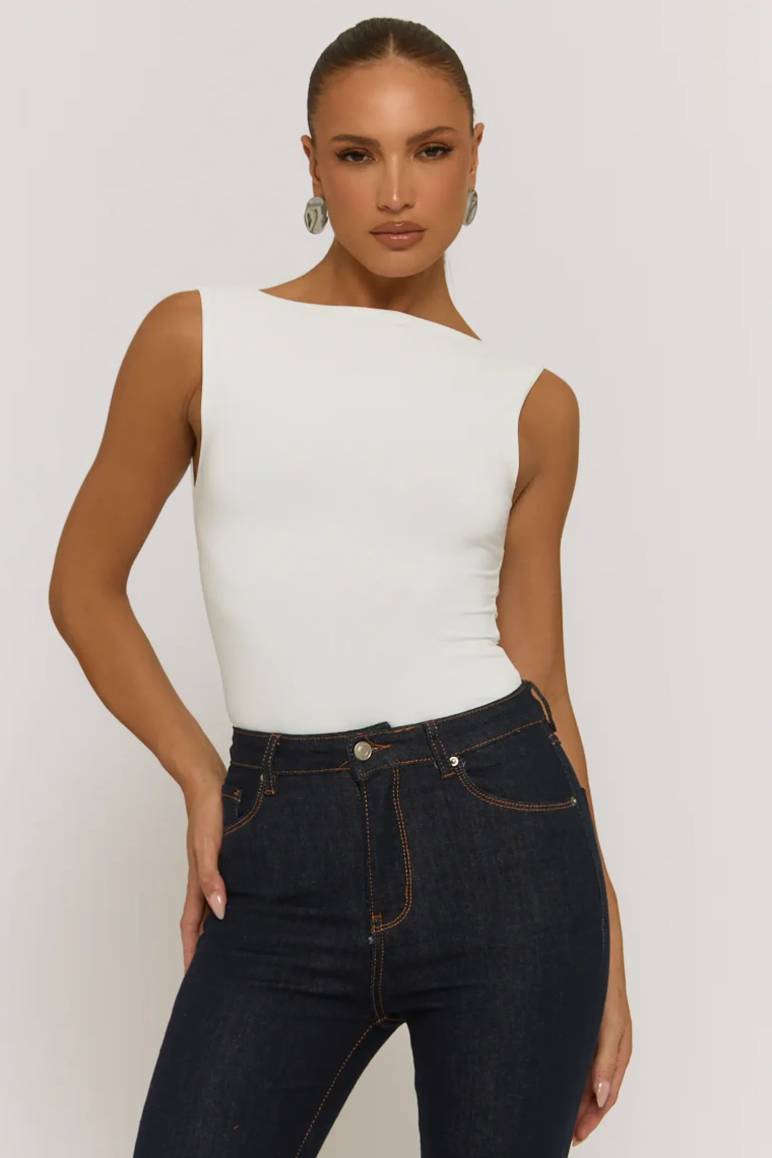 Rebellious Fashion Ivory Slash Neck Open Back Bodysuit - Aliona