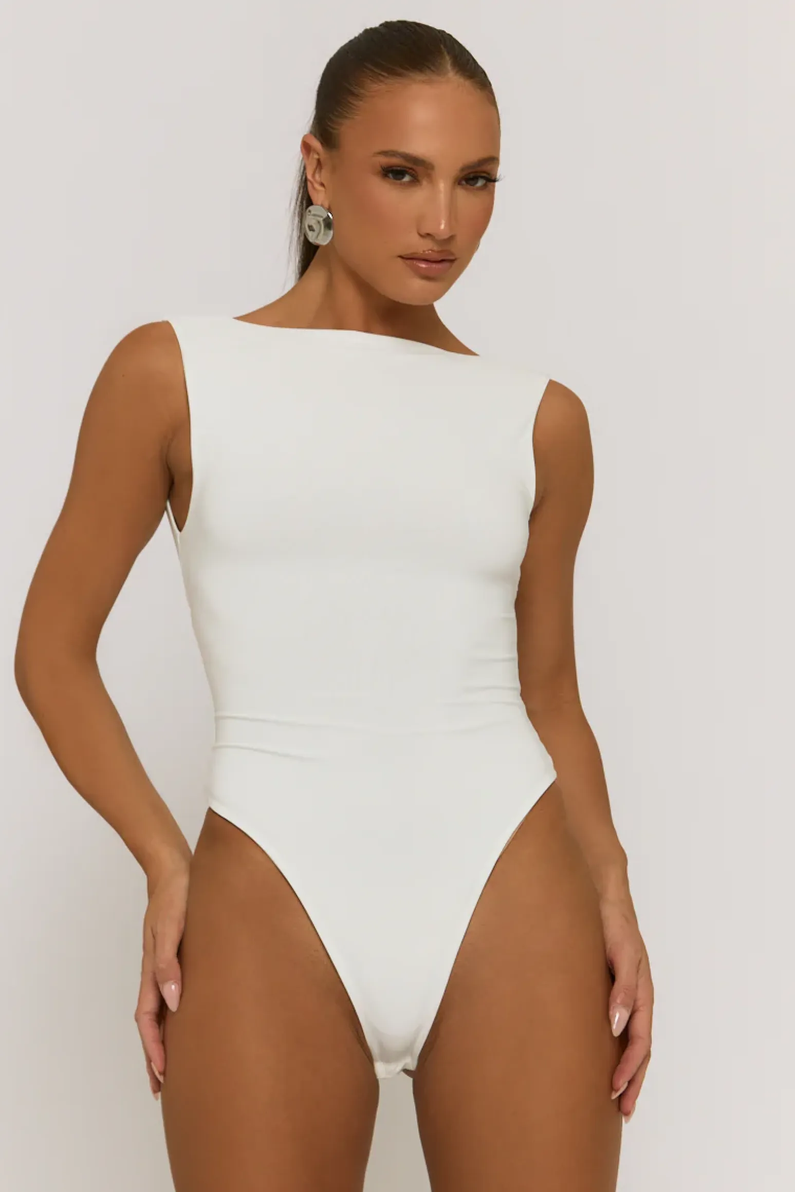 Rebellious Fashion Ivory Slash Neck Open Back Bodysuit - Aliona