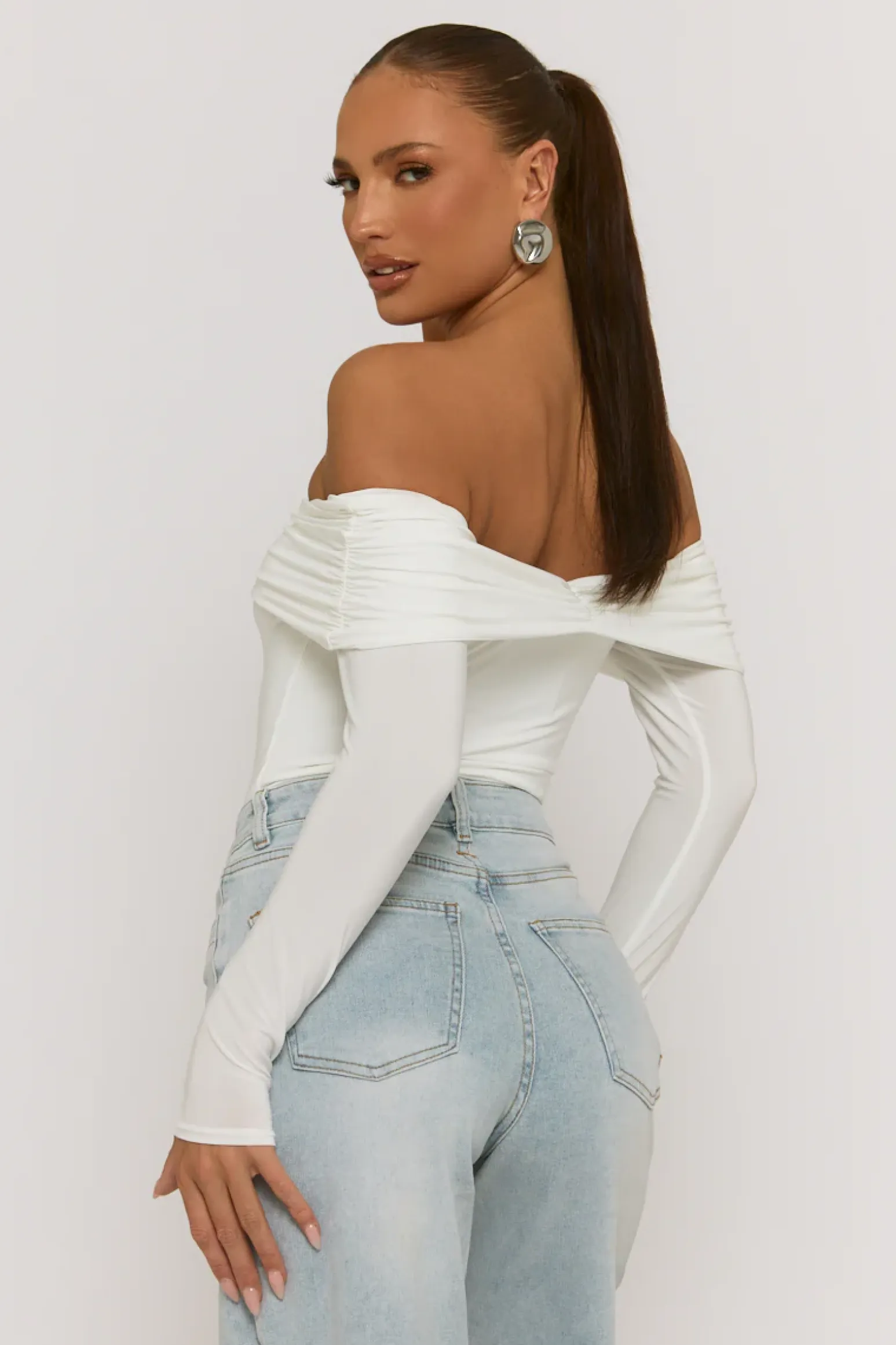 Rebellious Fashion Ivory Twist Bardot Bodysuit - Luiza
