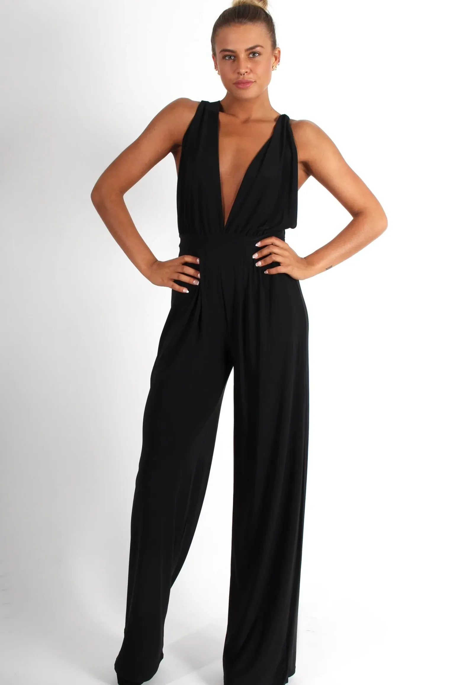 Rebellious Fashion Jan Black Deep V Jumpsuit