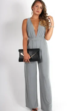 Rebellious Fashion Jan Grey Deep V Jumpsuit