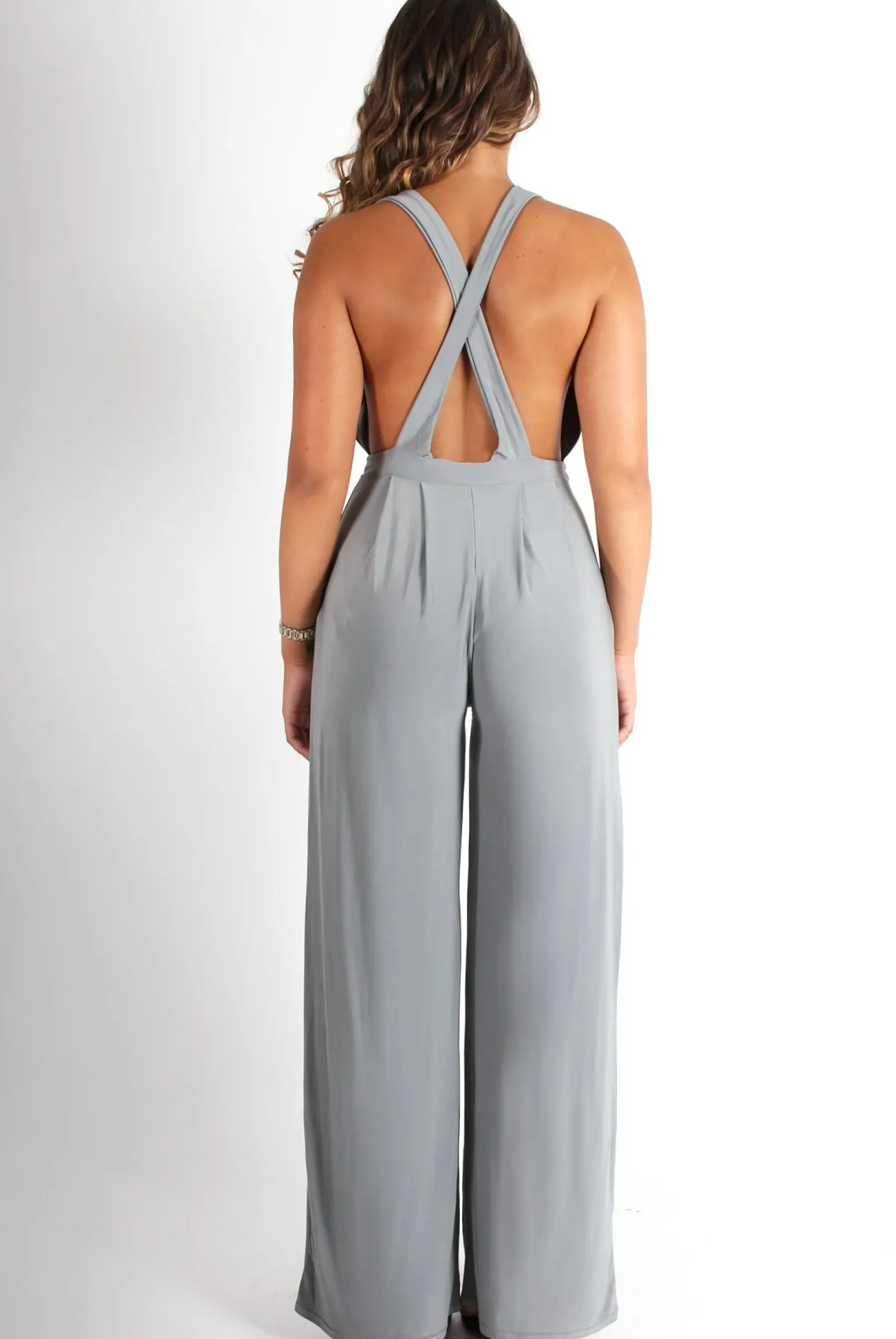 Rebellious Fashion Jan Grey Deep V Jumpsuit