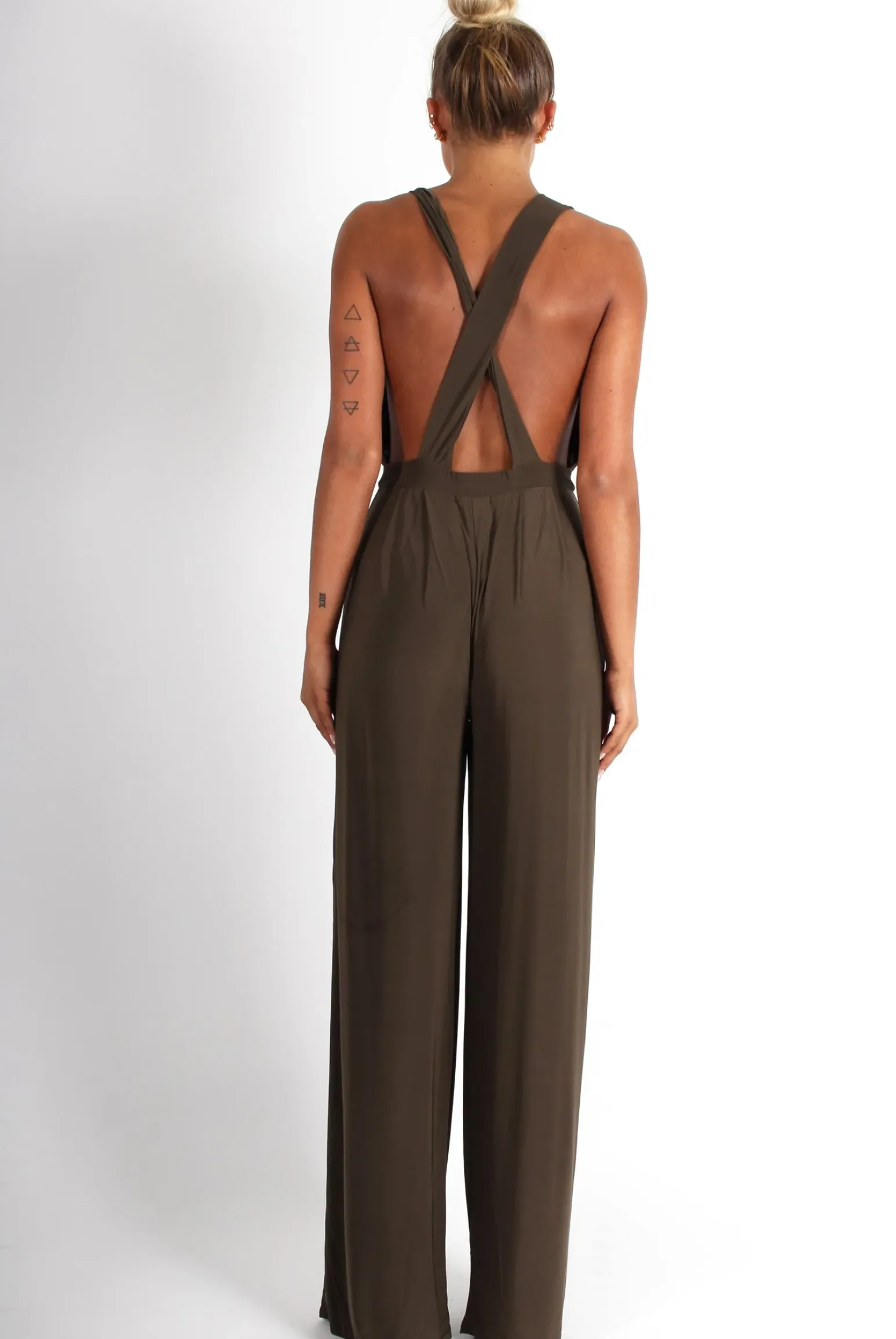 Rebellious Fashion Jan Khaki Deep V Jumpsuit