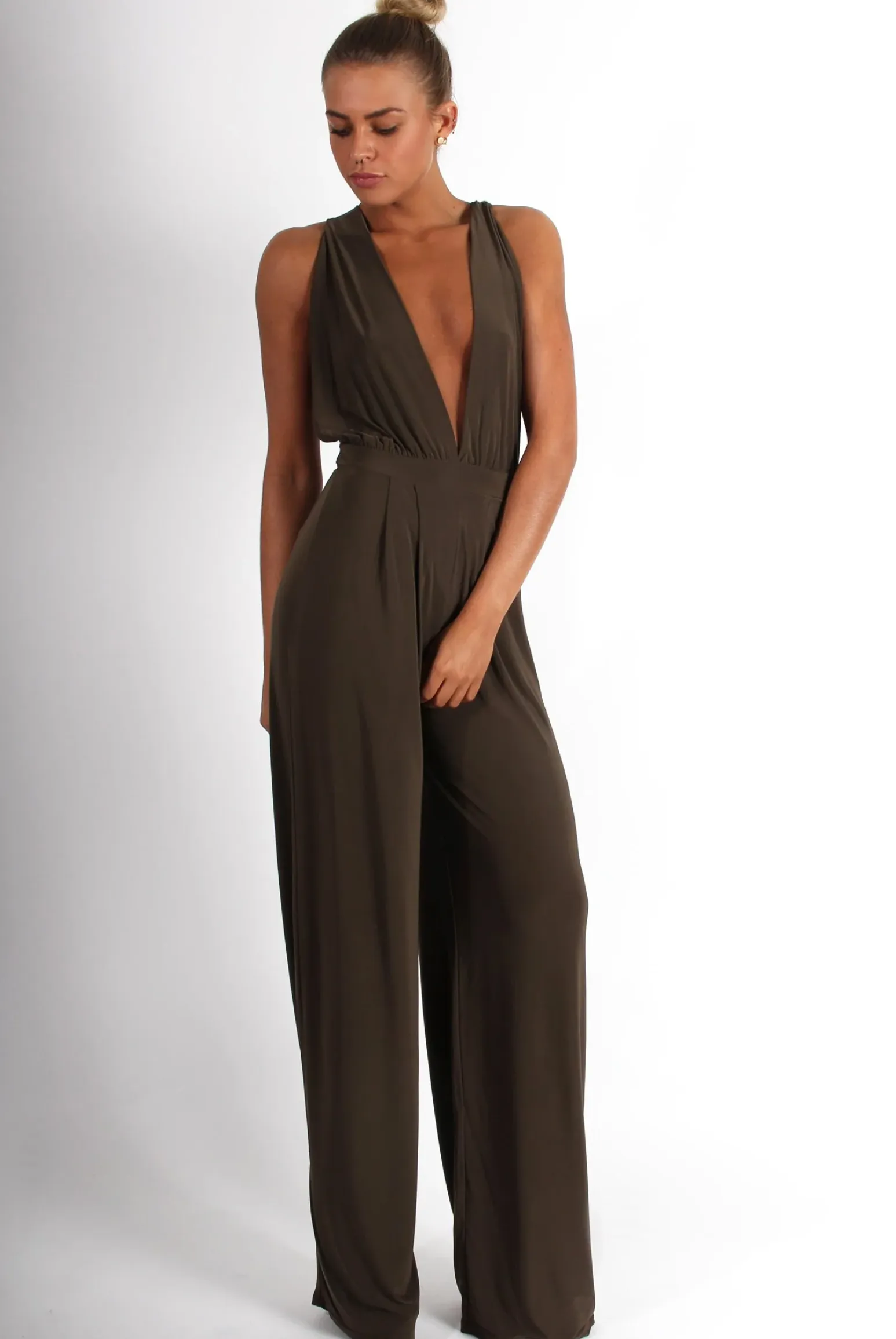 Rebellious Fashion Jan Khaki Deep V Jumpsuit