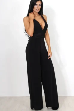 Rebellious Fashion Jano Black Deep V Plunge Jumpsuit