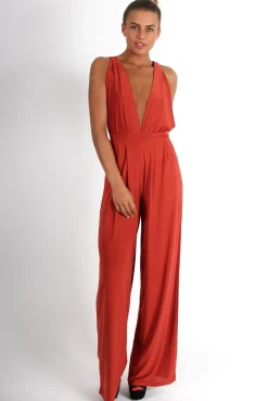 Rebellious Fashion Jan Rust Deep V Jumpsuit