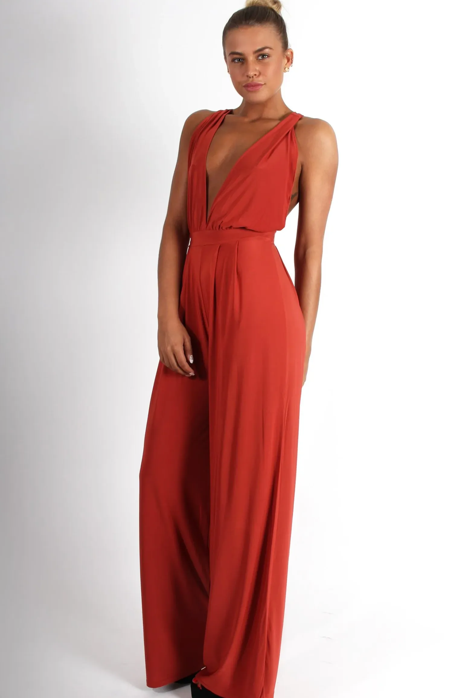 Rebellious Fashion Jan Rust Deep V Jumpsuit