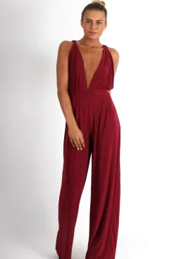 Rebellious Fashion Jan Wine Deep V Jumpsuit
