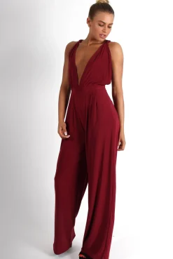 Rebellious Fashion Jan Wine Deep V Jumpsuit