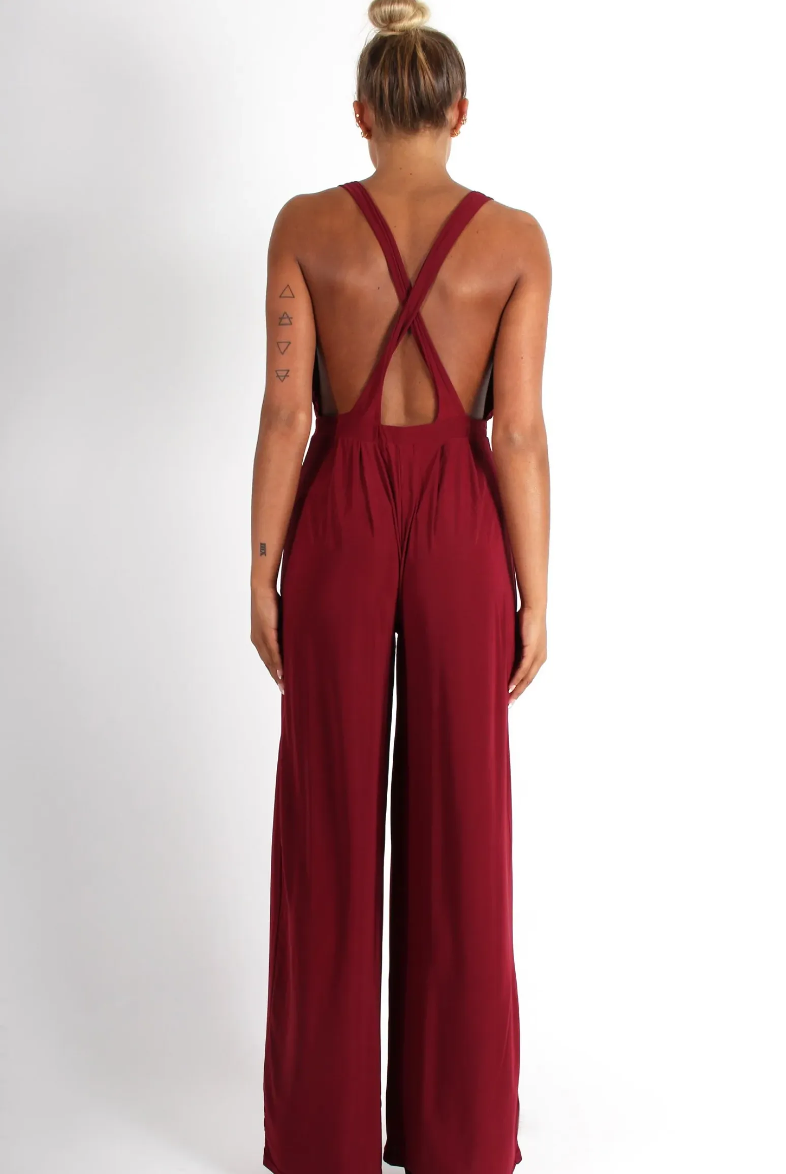 Rebellious Fashion Jan Wine Deep V Jumpsuit