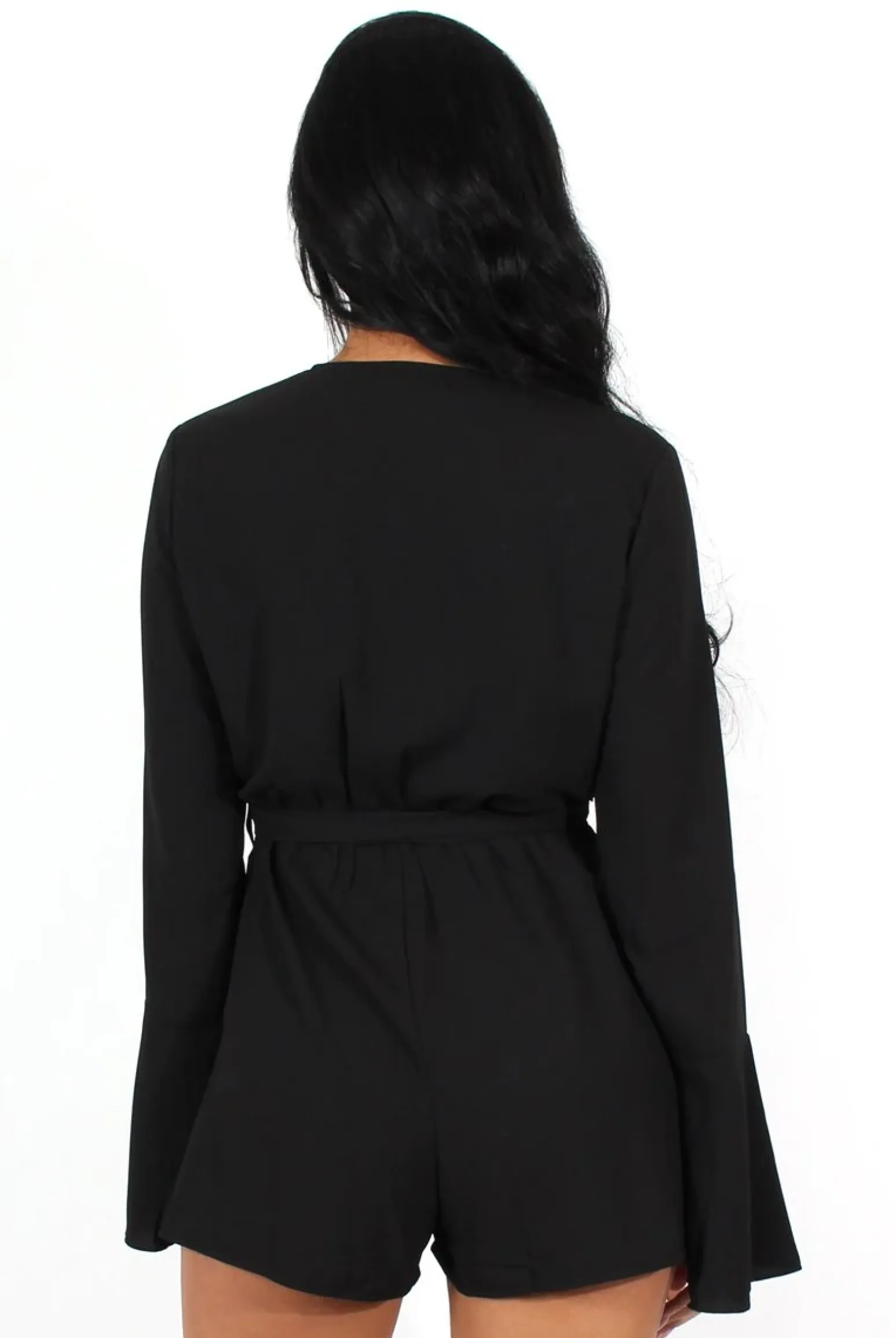 Rebellious Fashion Julia Black Bell Sleeve Tie Waist Playsuit