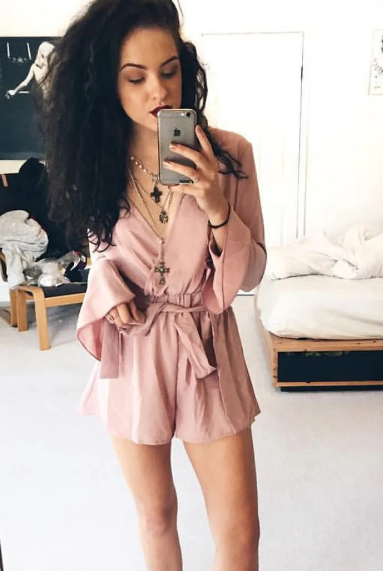 Rebellious Fashion Julia Mauve Bell Sleeve Tie Waist Playsuit