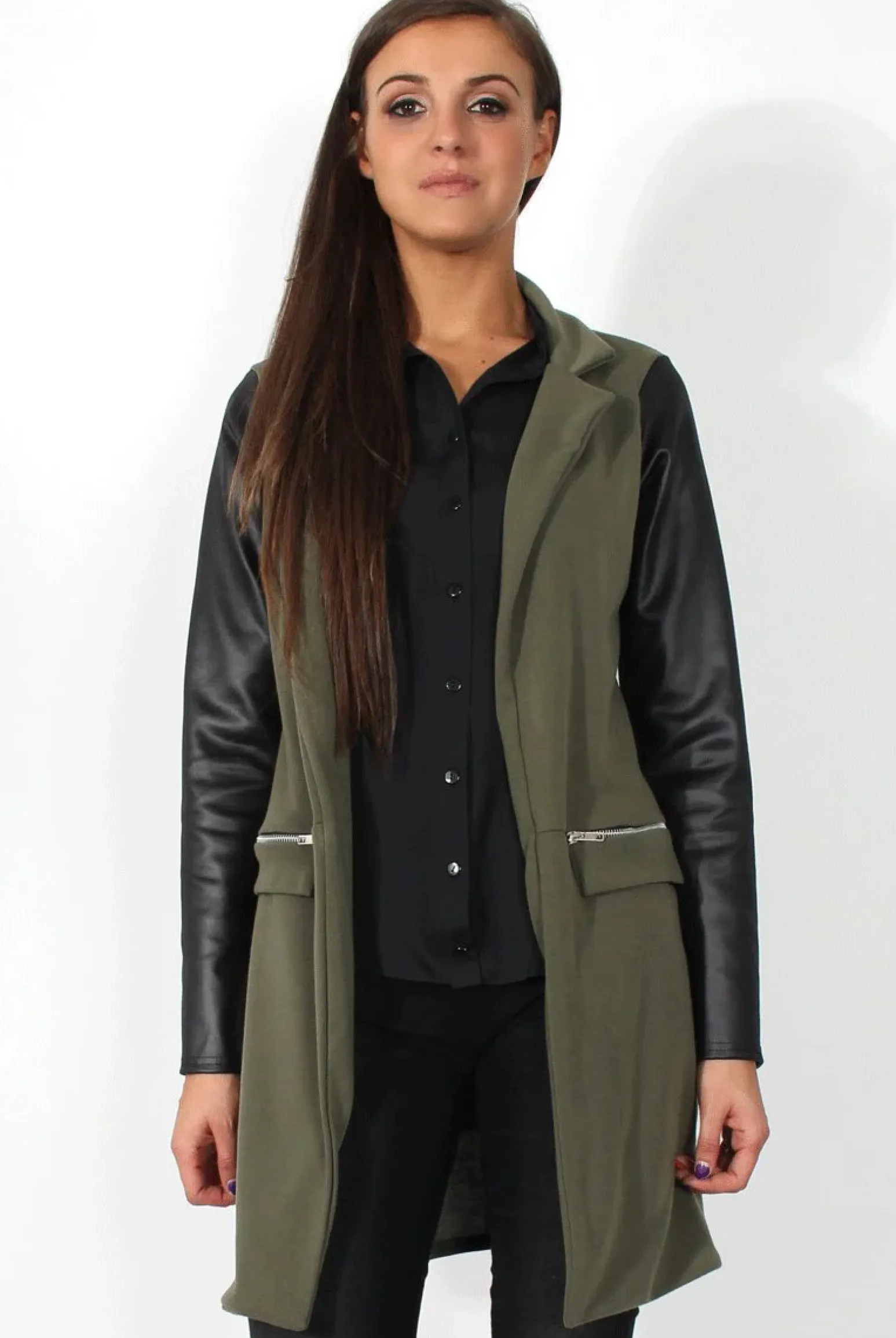 Rebellious Fashion Karina Khaki PU Long Jacket