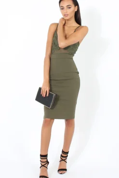 Rebellious Fashion Khaki Applique Mesh Bodycon Dress - Tallulah