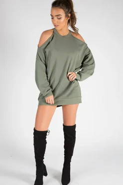 Rebellious Fashion Khaki Cold Shoulder Distressed Jumper Dress - Kylie